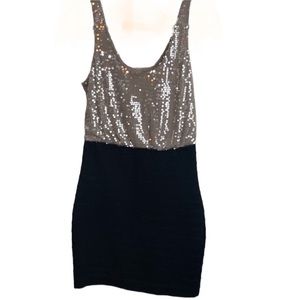 Express S iridescent sequined cocktail dress, lined black bandage style bottom